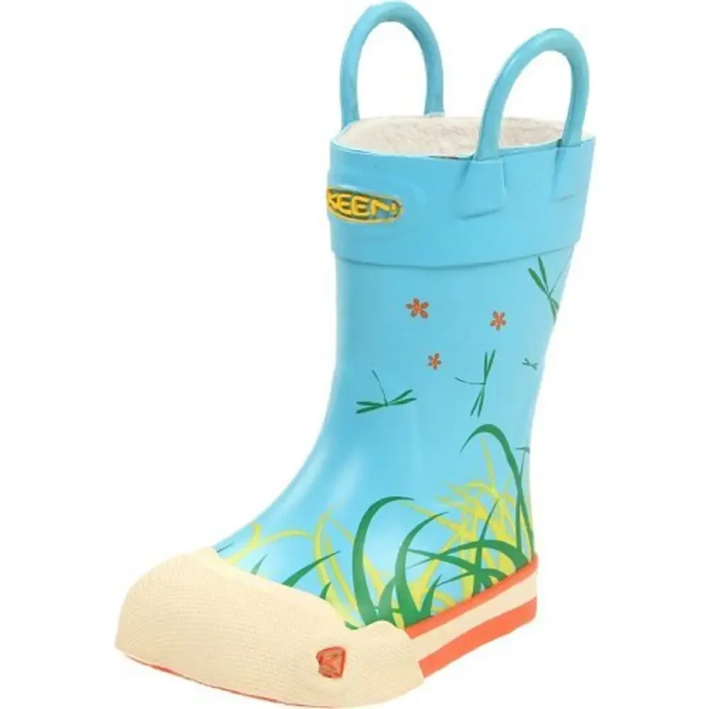 KEEN Coronado Blue Rain Boots Youth Kids 3 Rubber Mud Boots DragonFly Flower